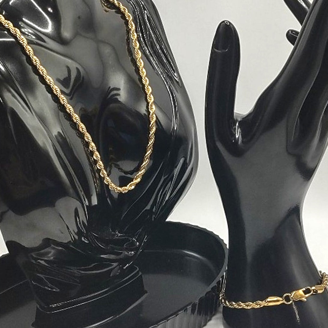 18k Gold Plated Necklace Bracelet Diamond Cut Rope Chain Set Valentines Birthday 69$